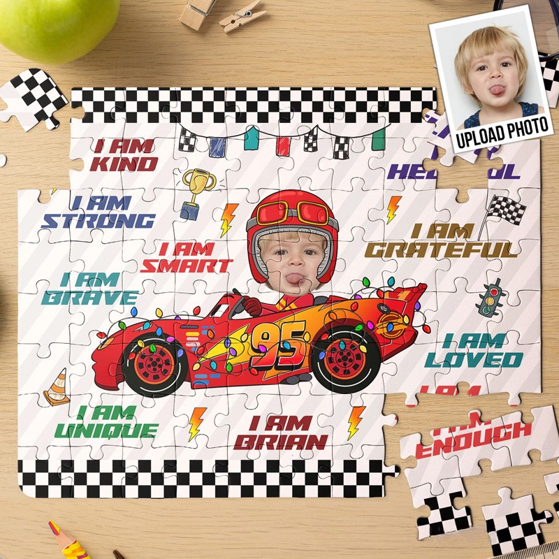Personalized Cool Race Car Theme Custom Name Photo Print Motivational Quote Jigsaw Puzzle