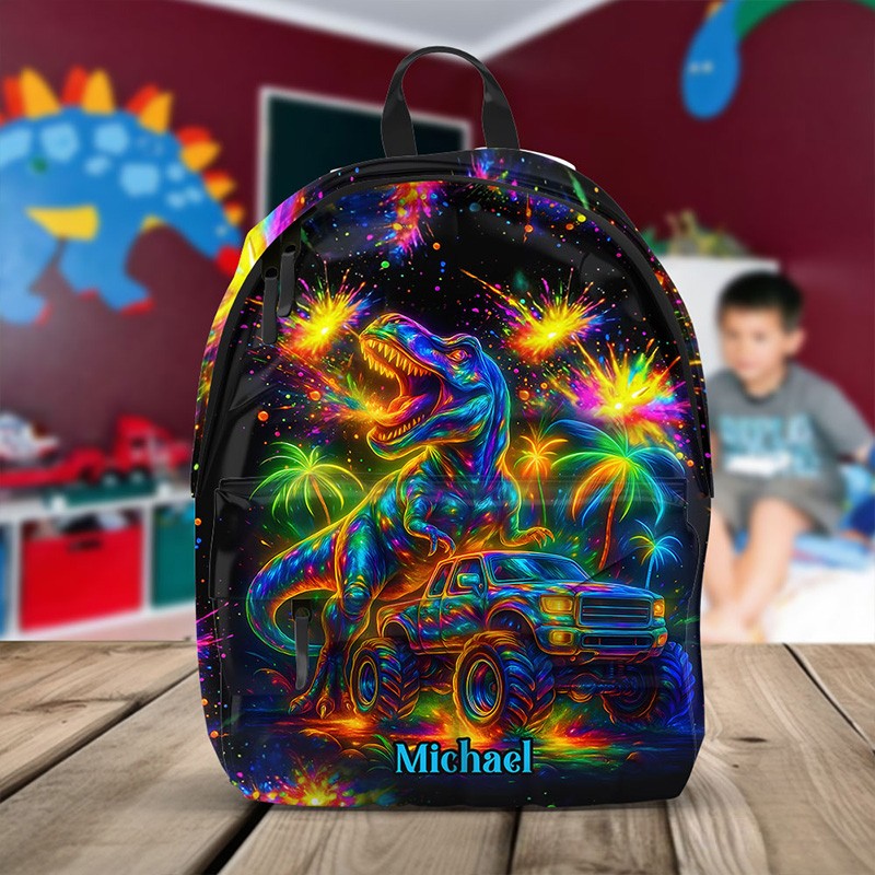 Personalized Unique T Rex Theme Custom Name Colorful Galaxy Adventure Kids School Backpack