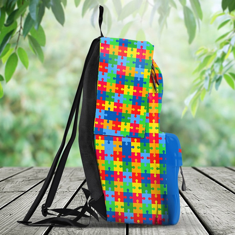 Personalized Colorful Autism Awareness Theme Custom Name Puzzle Heart Pattern Kids Backpack