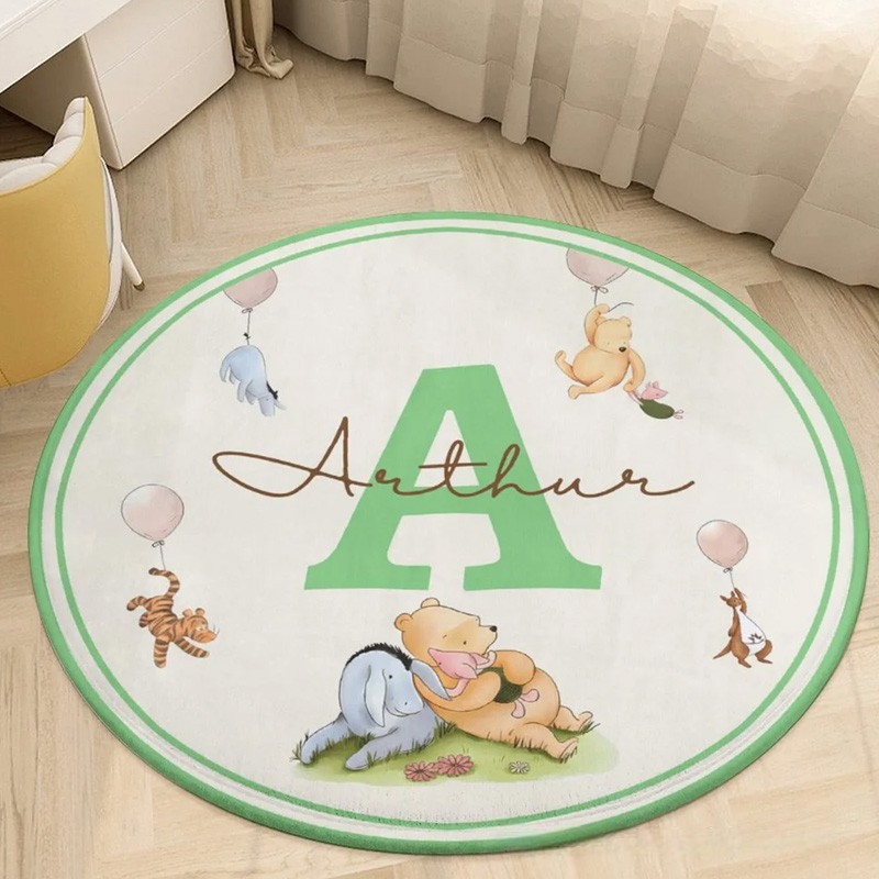 Personalized Classic Winnie the Pooh Initial Round Anti-Slip Coral Fleece Doormat Rug with Name Nursery Decor Baby Shower Birthday Gift for Kids