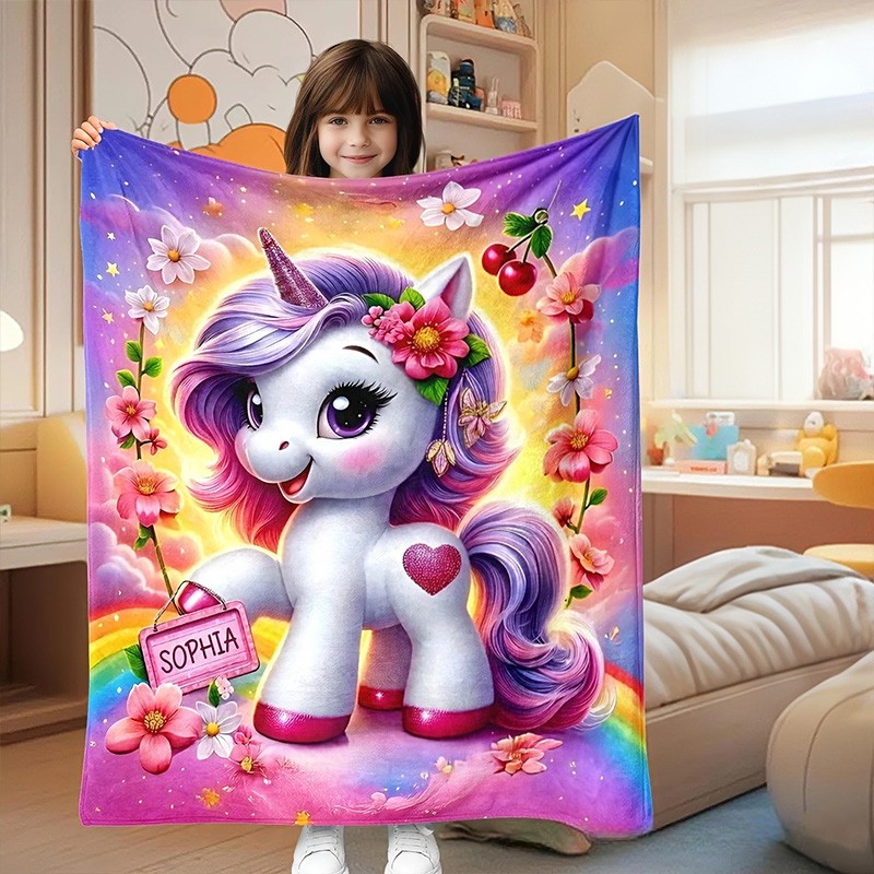 Personalized Cute Dream Horse Blanket With Rainbow And Heart For Girls Bedroom Blanket