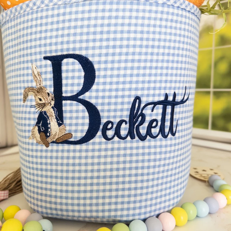 Personalized Easter Bunny Theme Name Embroidered Gingham Fabric Basket Kids Egg Hunt Gift Tote Spring Storage Basket
