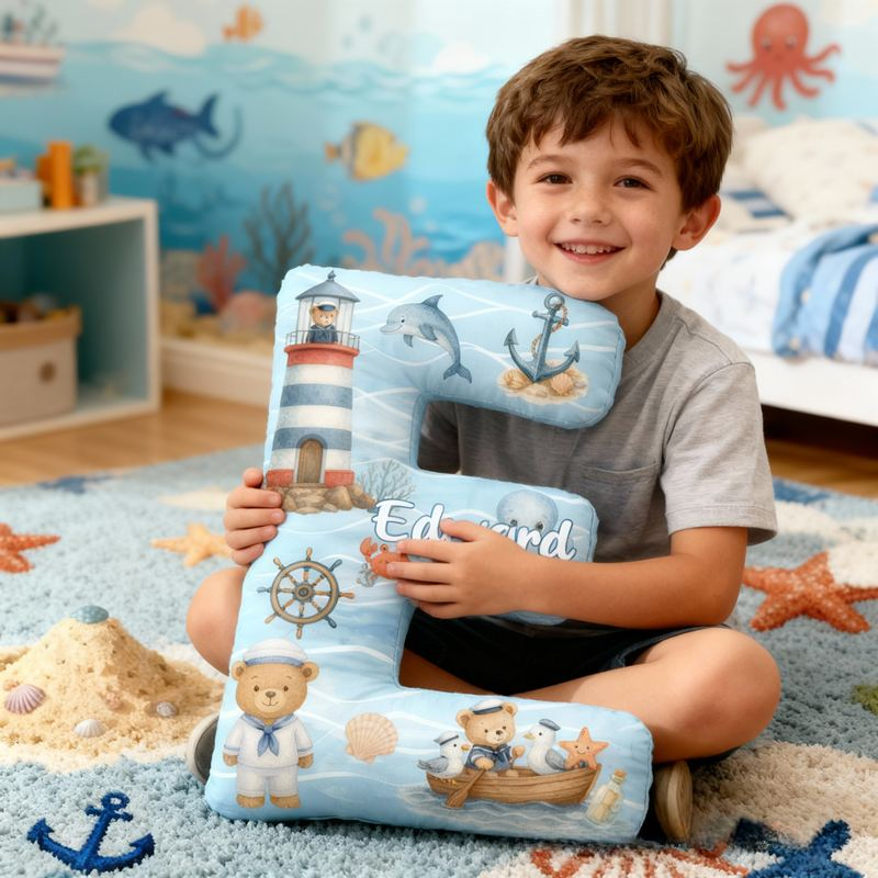 Personalized Nautical Letter Cushion With Lighthouse And Sailor Bears Graphic 3D Print Pillow