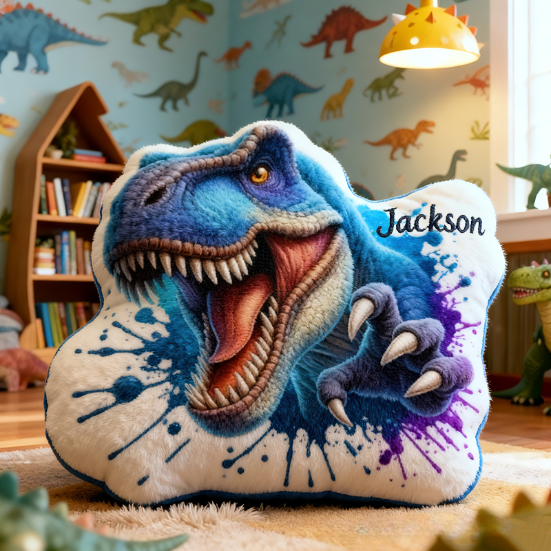 Personalized Blue Raptor Dinosaur Roaring With Splatter Art Kids Room Graphic 3D Print Pillow