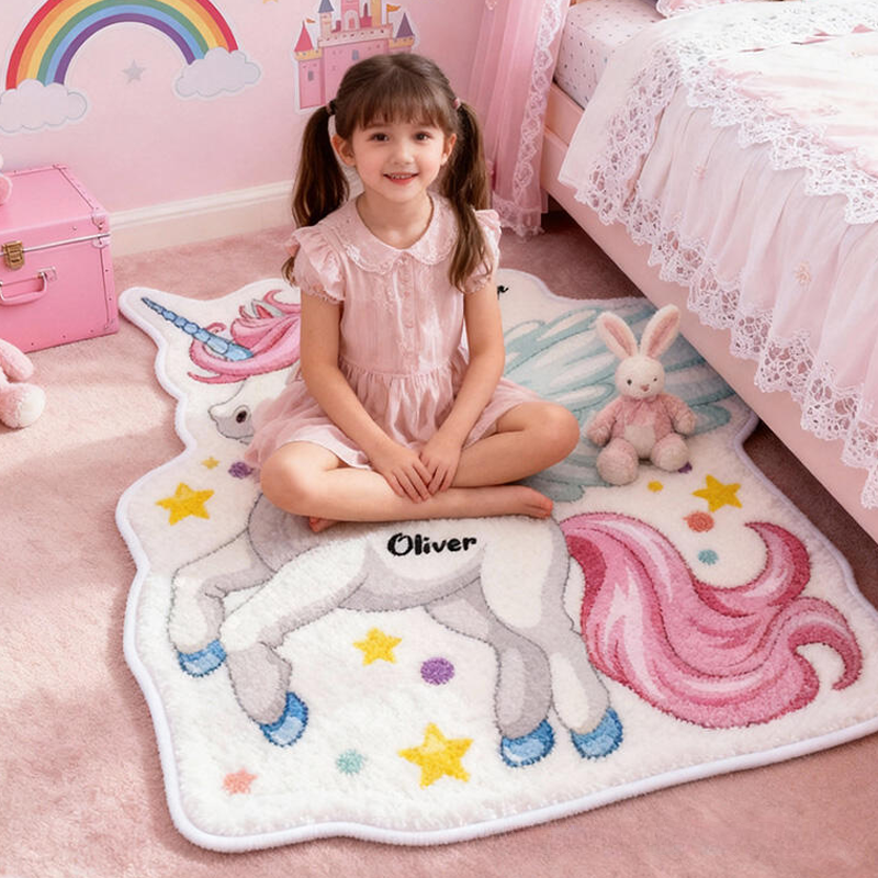 Personalized Dream Horse Pegasus Name Custom Soft Decorative Gift Magical Rainbow Style Cute Fantasy Dream Lovely Princess Cozy Bedroom Playroom Starry Carpet Rug for Kids