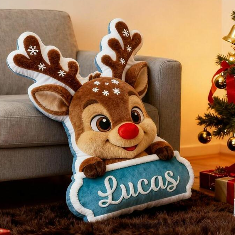 Personalized Reindeer Name Custom Soft Decorative Gift Red Nose Holiday Style Cute Winter Cozy Festive Joyful Lovely Christmas Room Fun Snowy Graphic 3D Print Pillow