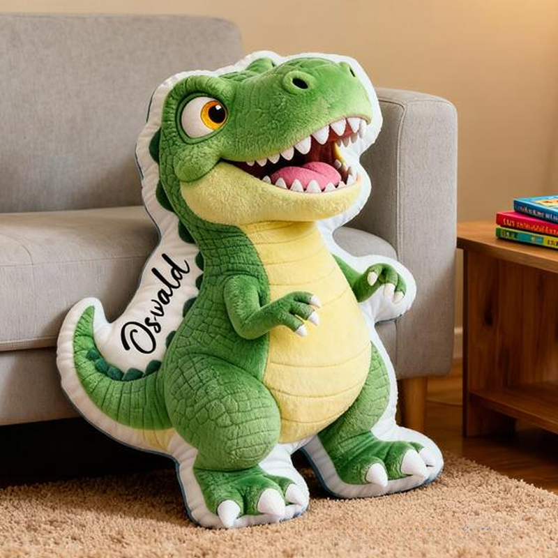 Personalized Green Dinosaur Name Custom Soft Decorative Gift Fun Adventure Style Cute T Rex Cozy Bedroom Playroom Lovely Boy Toy Friendly Animal Graphic 3D Print Pillow