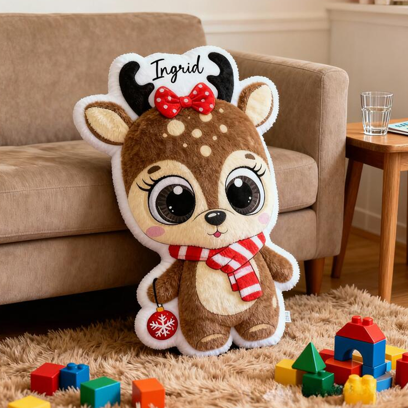 Personalized Reindeer Name Custom Soft Decorative Gift Brown Holiday Style Cute Winter Cozy Festive Lovely Animal Red Scarf Snow Fun Christmas Room Graphic 3D Print Pillow