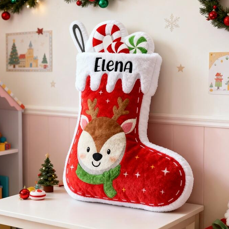 Personalized Christmas Stocking Name Custom Soft Decorative Gift Red Holiday Style Cute Reindeer Candy Cozy Winter Festive Room Lovely Joyful Graphic 3D Print Pillow