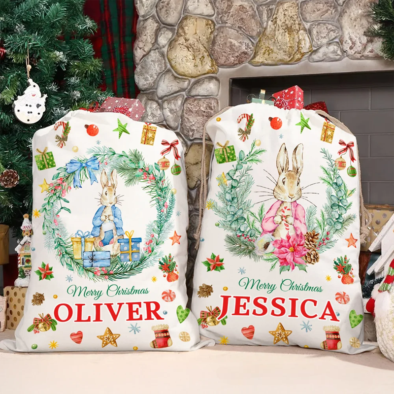 Personalized Cute Peter Rabbit Wreath Drawstring Christmas Gift Bag with Name Christmas Eve Party Gift for Kids Family Friends