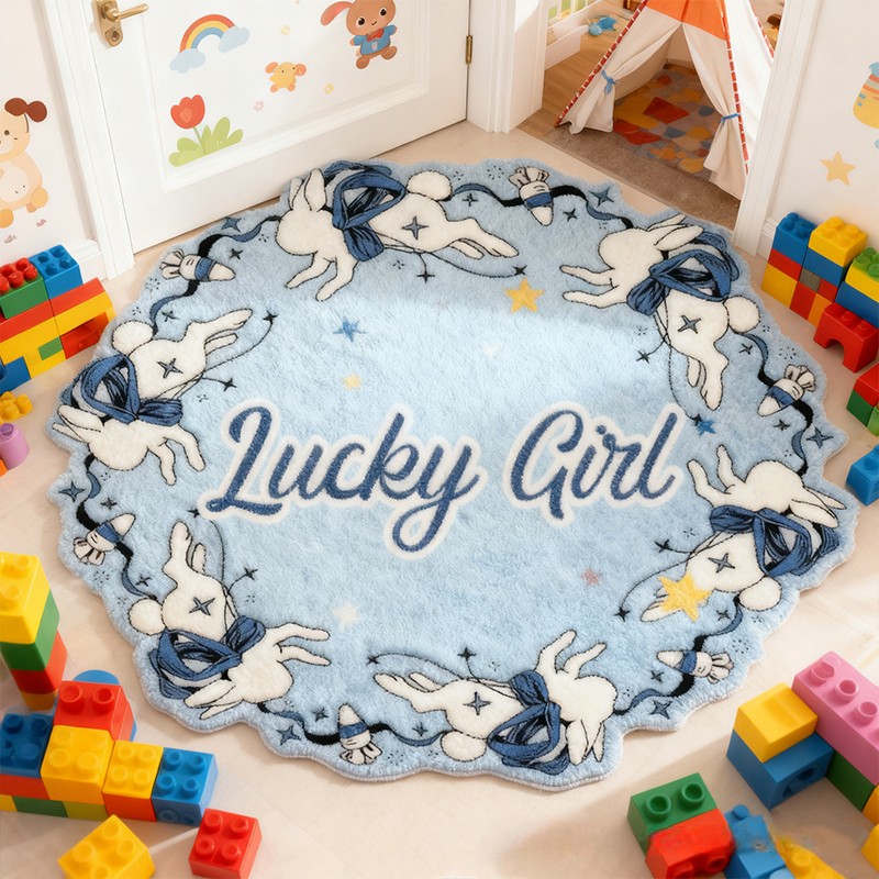 Personalized Bunny Moon Name Custom Soft Decorative Gift Blue Starry Style Cute Dream Lovely Night Sky Cozy Bedroom Sweet Magic Floor Mat Carpet Rug for Kids