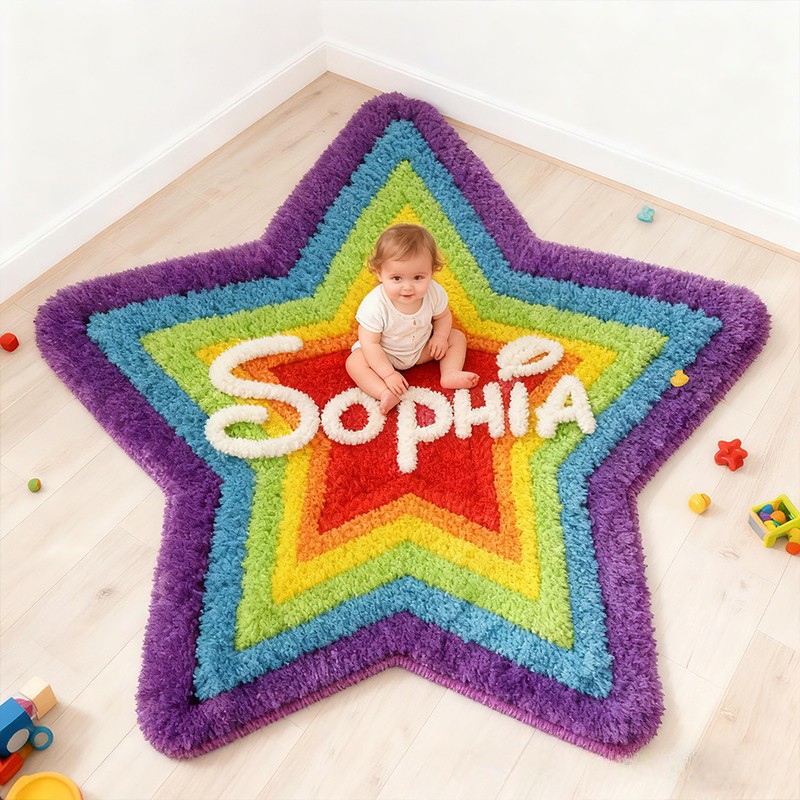 Personalized Star Name Custom Soft Decorative Gift Rainbow Colorful Style Fun Bright Room Cozy Lovely Playroom Joyful Dream Floor Mat Carpet Rug for Kids