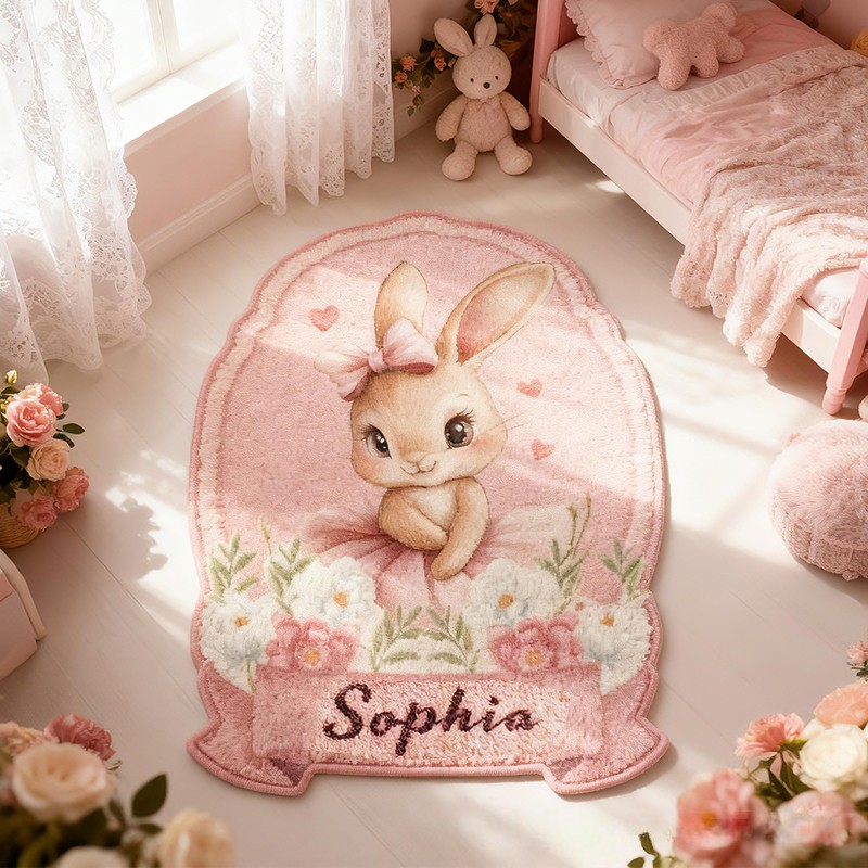 Personalized Bunny Name Custom Soft Decorative Gift Pink Floral Style Cute Animal Lovely Princess Room Cozy Sweet Garden Dream Floor Mat Carpet Rug for Kids