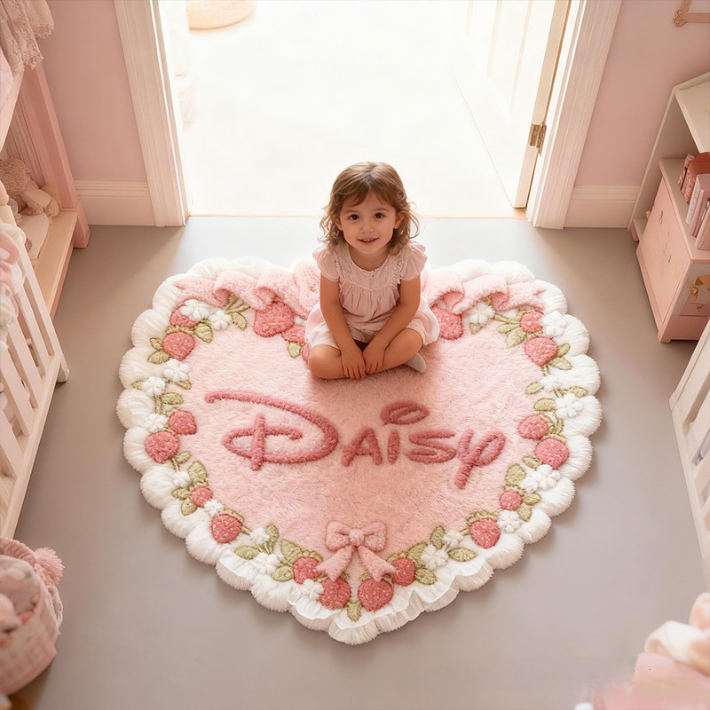 Personalized Heart Name Custom Soft Decorative Gift Pink Strawberry Style Cute Cozy Bedroom Lovely Bow Sweet Princess Room Comfort Floor Mat Carpet Rug for Kids