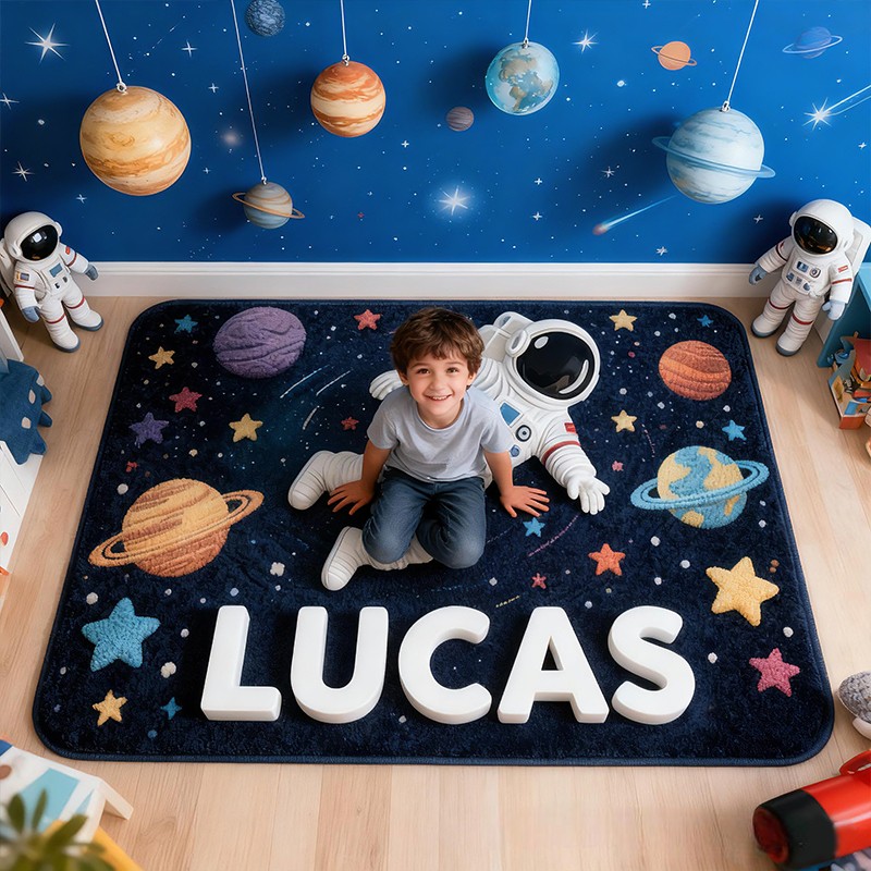 Personalized Space Galaxy Custom Name Soft Decorative Gift Cosmic Planet Style Cozy Bedroom Star Astronaut Rocket Adventure Dream Universe Fun Playtime Room Carpet Rug for Kids Sale-megacustom