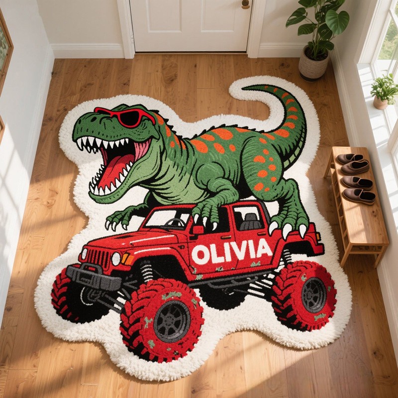 Personalized Dinosaur Jeep Custom Name Soft Decorative Gift Adventure Style Cozy Bedroom Green T Rex Red Car Cool Fun Playtime Explorer Boy Room Creative Carpet Rug for Kids