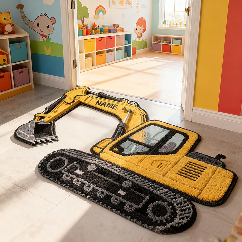 Personalized Excavator Truck Custom Name Soft Decorative Gift Construction Vehicle Style Cozy Bedroom Yellow Builder Machine Fun Playtime Adventure Boy Room Carpet Rug for Kids