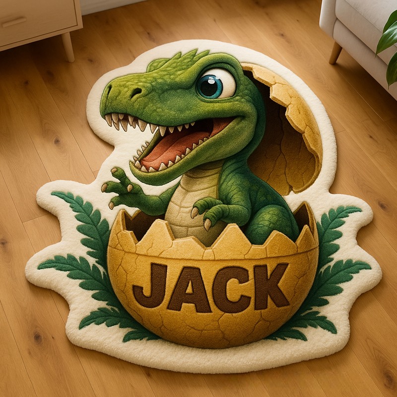 Personalized Dinosaur Custom Name Soft Decorative Gift Cute Style Cozy Bedroom Blue Green Cartoon T Rex Fun Playtime Adventure Boy Room Creative Carpet Rug for Kids