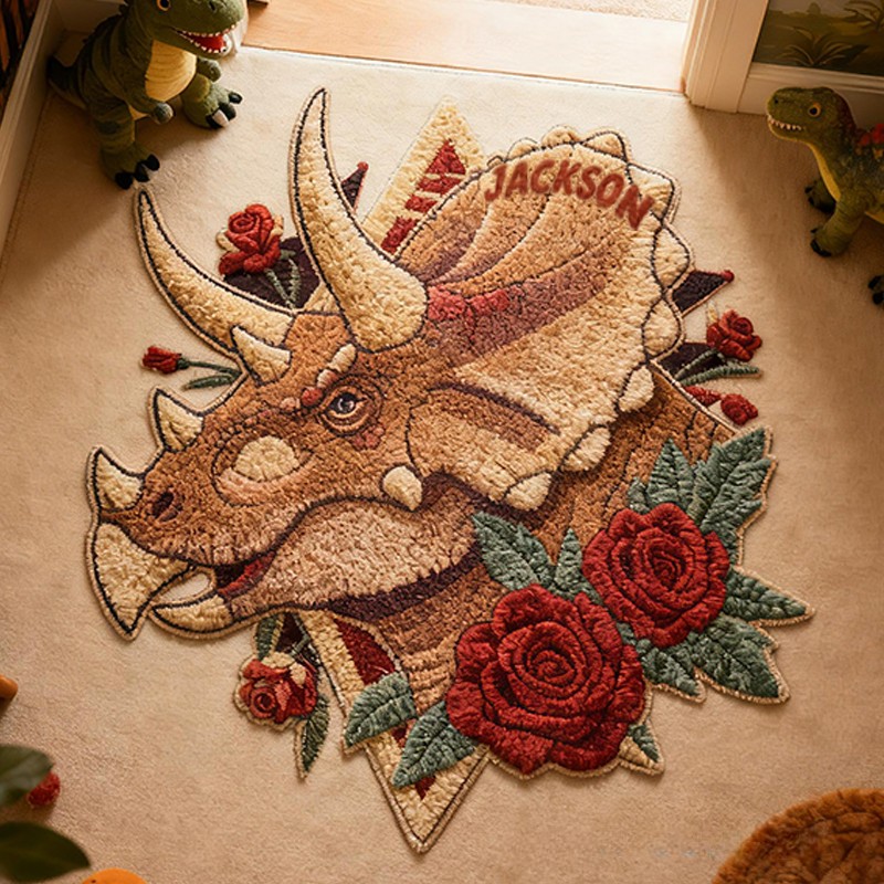Personalized Triceratops Custom Name Soft Decorative Gift Adventure Style Cozy Bedroom Brown Red Rose Wild Prehistoric Animal Fun Explorer Boy Room Carpet Rug for Kids