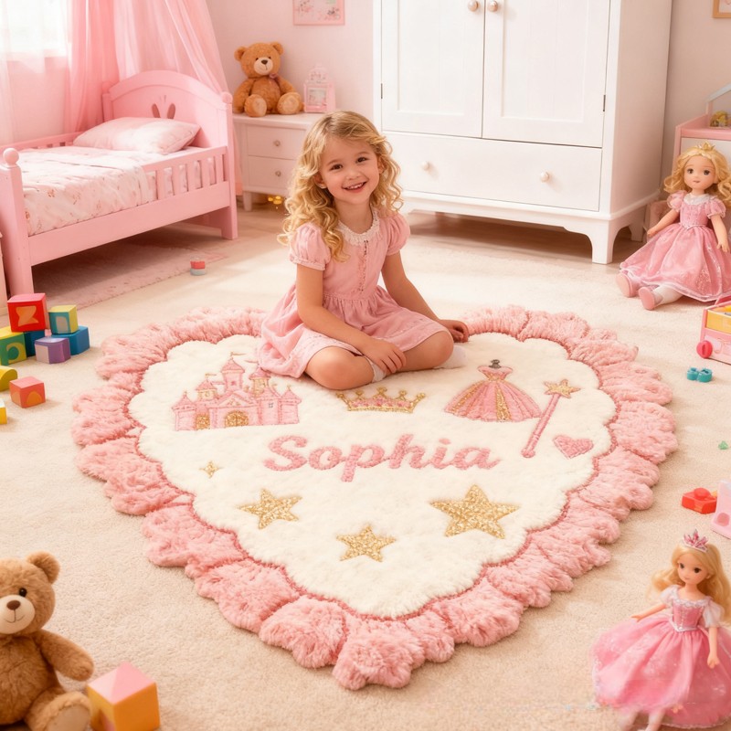 Personalized Princess Heart Custom Name Soft Decorative Gift Magical Castle Style Cozy Nursery Pink Crown Star Dress Lovely Fairy Tale Room Graphic Carpet Rug for Kids