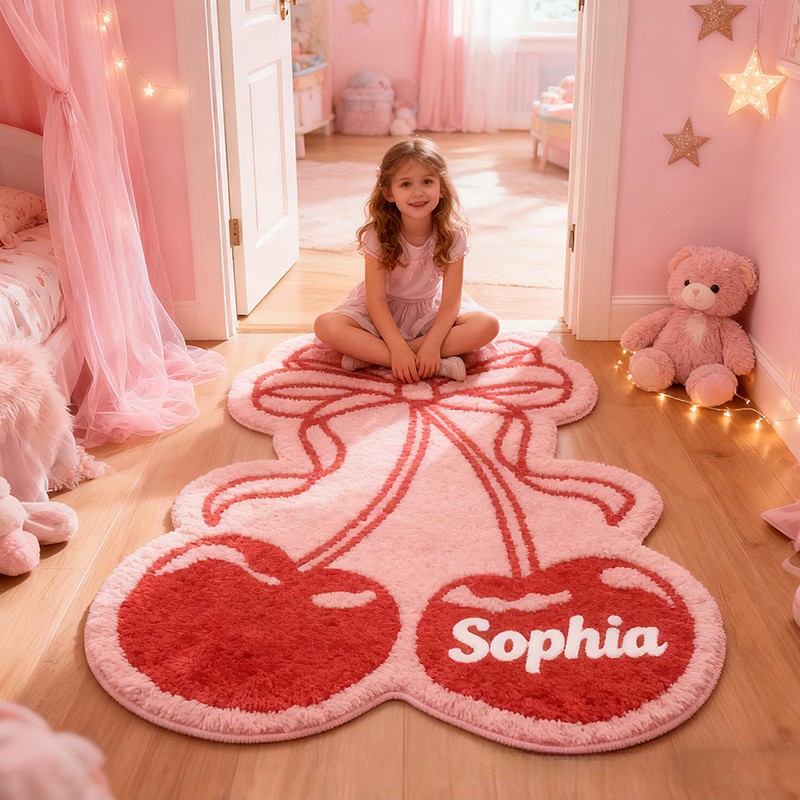 Personalized Cherry Bow Custom Name Soft Decorative Gift Sweet Pink Style Carpet Cozy Bedroom Cute Fruit Heart Lovely Girl Room Warm Welcome Entry Graphic Rug for Kids