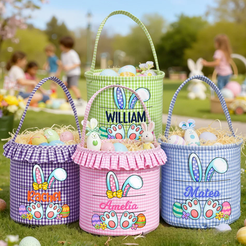 Personalized Multi-Color Cute Rabbit Large Capacity Plaid Easter Basket with Name Easter Egg Hunting Party Favor Gift for Boys Girls