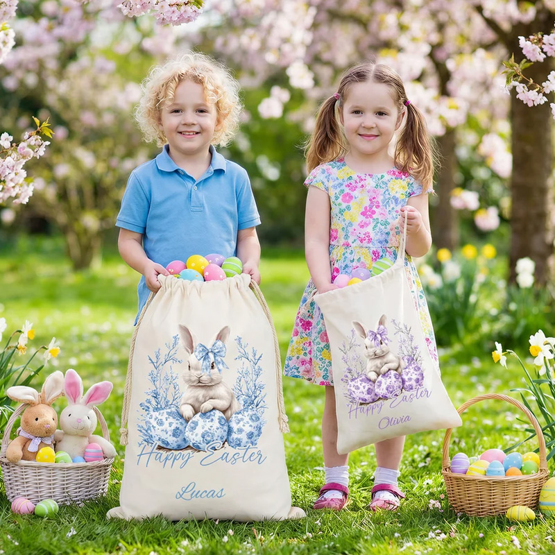 Personalized Floral Easter Bunny Egg Drawstring Canvas Treat Bag with Name Easter Egg Hunt Party Gift for Kids