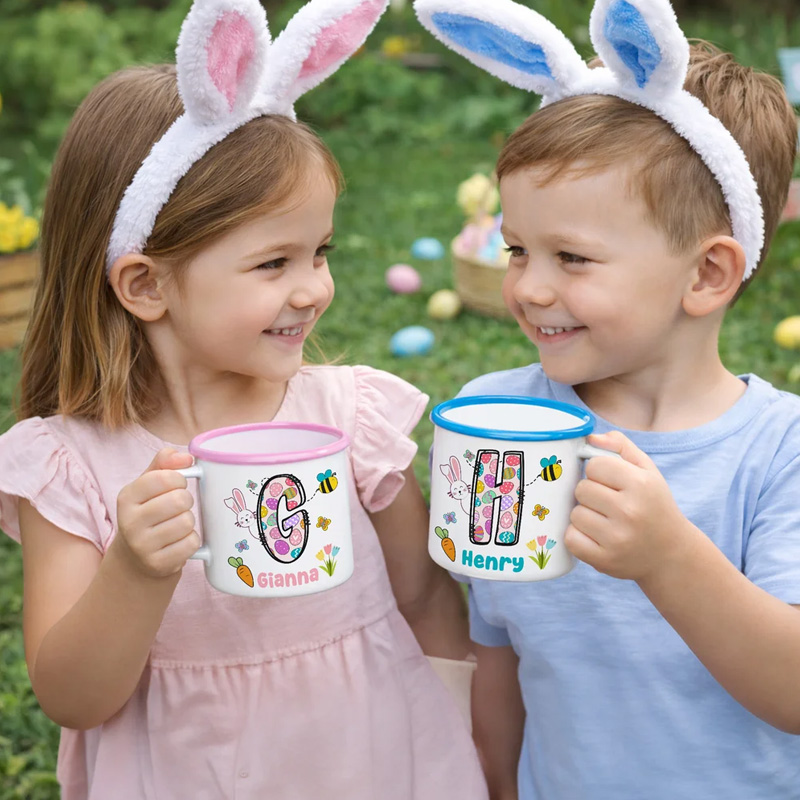 Personalized Cartoon Bunny Easter Eggs Initial 12 oz Enamel Mug with Name Daily Use Happy Easter Gift for Boys Girls