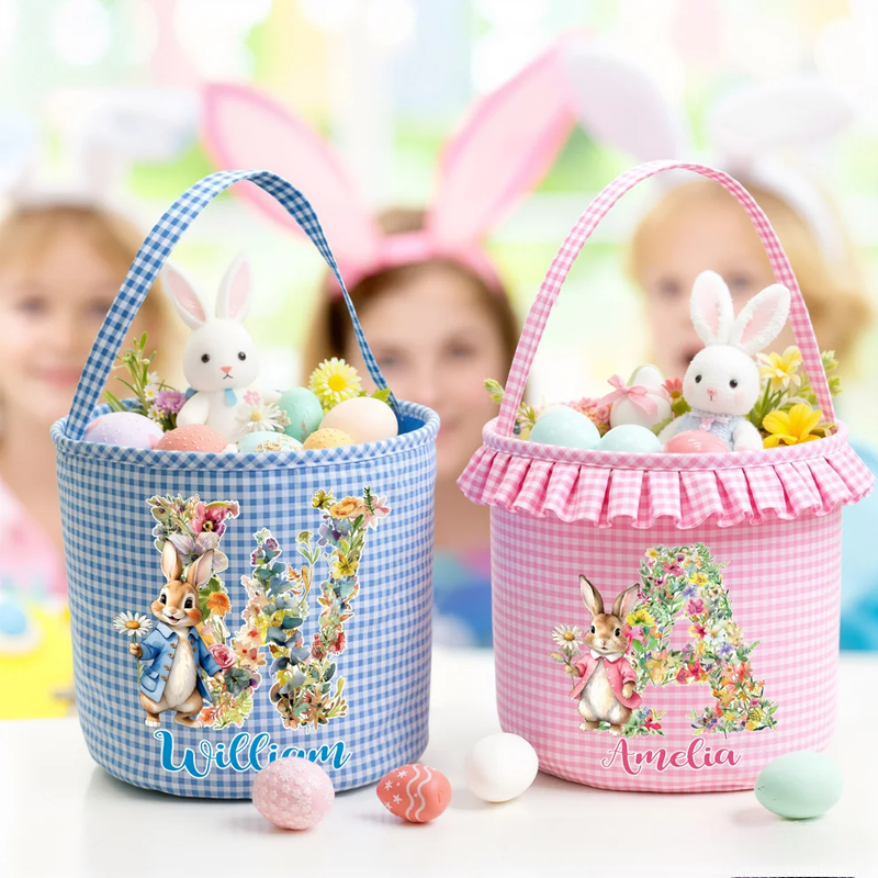 Personalized Cute Flower Rabbit Easter Basket with Name and Initial Easter Eggs Hunting Party Favor Gift for Boys Girls
