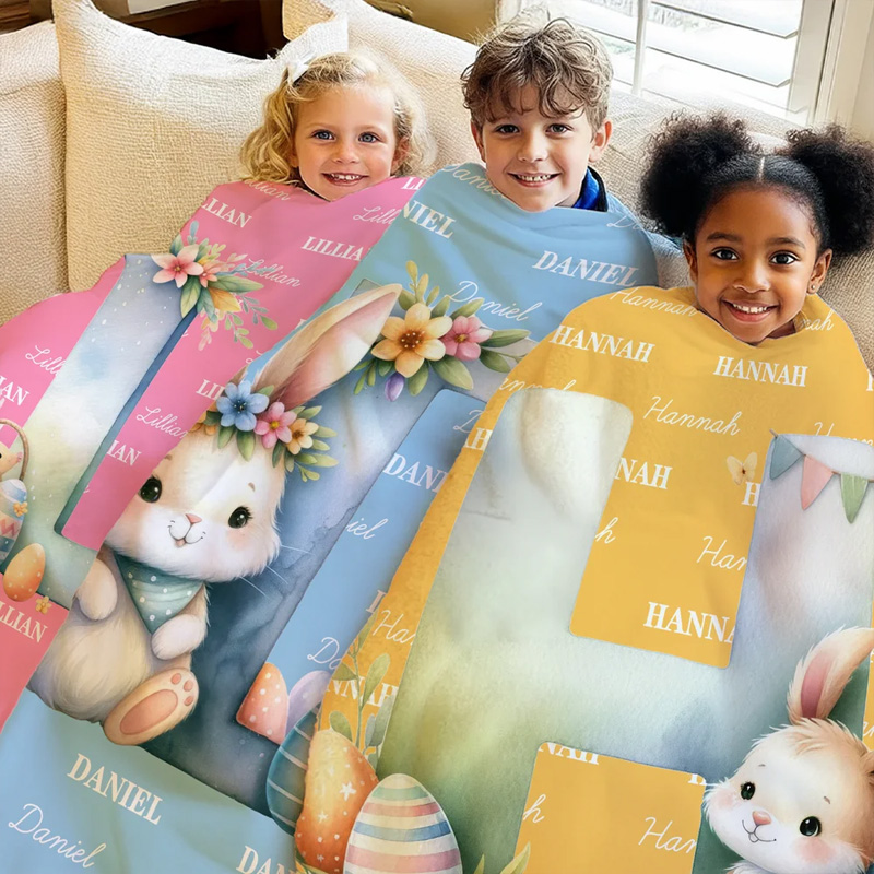 Personalized Cute Easter Bunny Egg Soft Throw Blanket with Name and Initial Home Decor Easter Party Gift for Kids