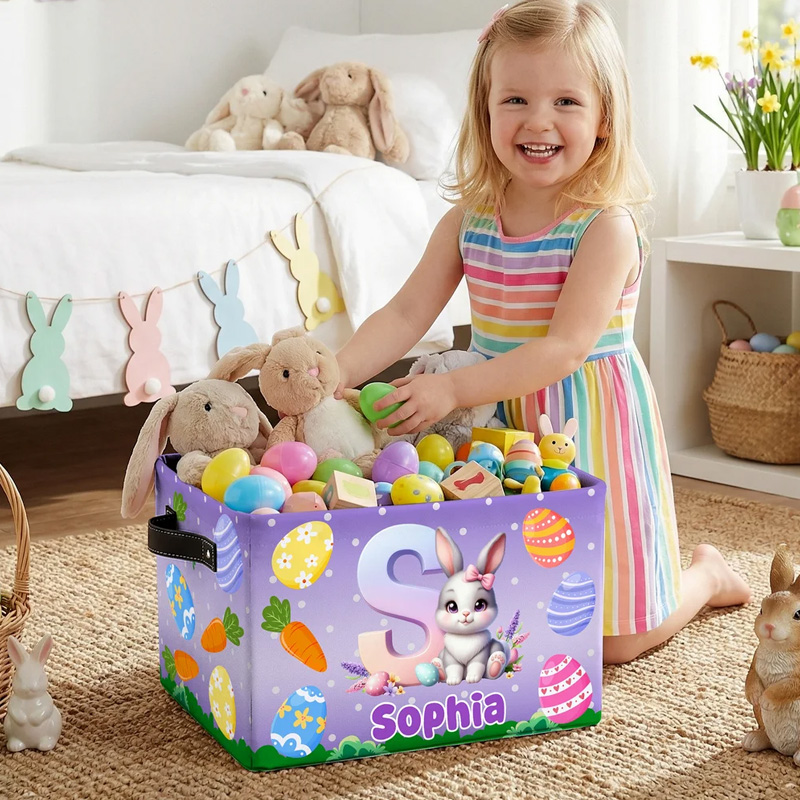 Personalized Cute Easter Bunny Design Large Storage Basket with Name Initial and Handle Easter Birthday Gift for Kids