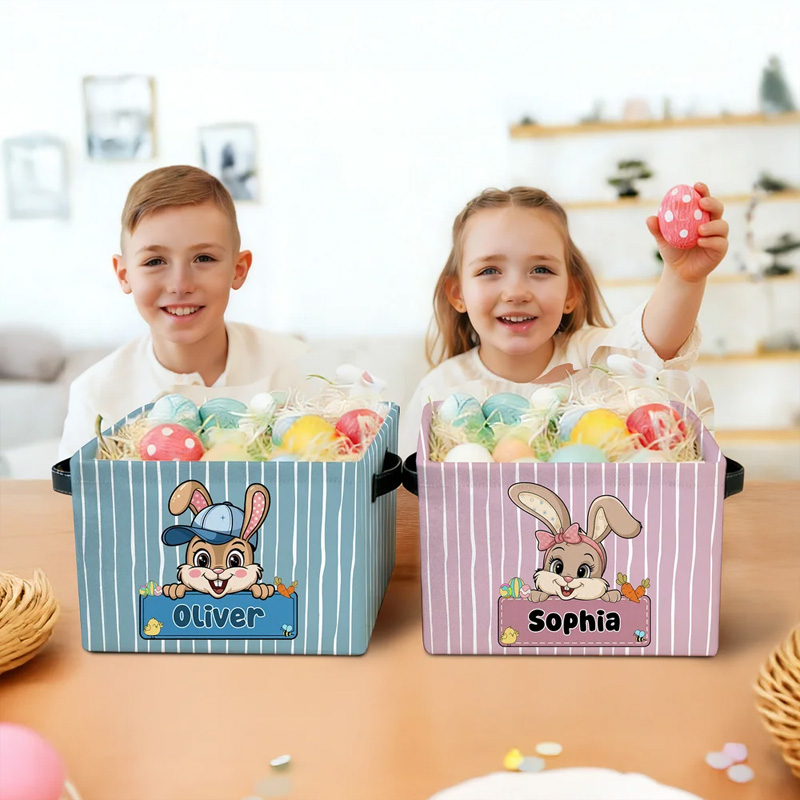 Personalized Cute Easter Bunny Striped Design Name Large Storage Basket with Handle Easter Birthday Gift for Kids