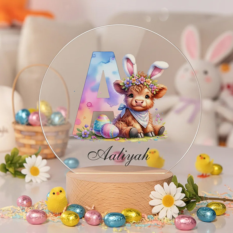 Personalized Bunny Ears Highland Cow Easter Egg LED Night Light with Name and Wooden Base Nursery Decor Easter Gift for Kids
