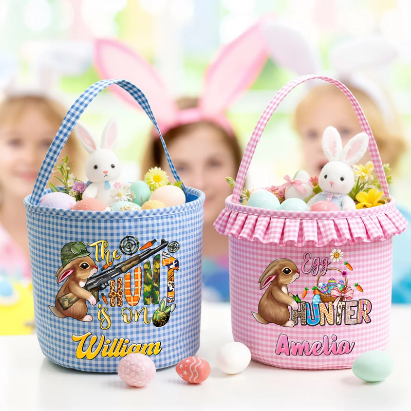 Personalized Cute Bunny Camouflage Flower Plaid Easter Basket with Name Easter Egg Hunt Easter Gift for Boys Girls