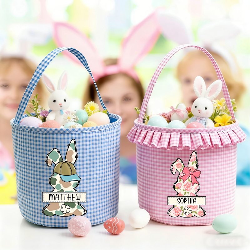 Personalized Bunny Plaid Easter Basket with Name Easter Eggs Hunting Easter Day Gift for Boys Girls