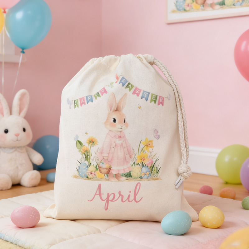 Personalized Easter Bunny Theme Name Kids Gift Bag Custom Canvas Storage Sack for Egg Hunt Spring Party Basket Substitute