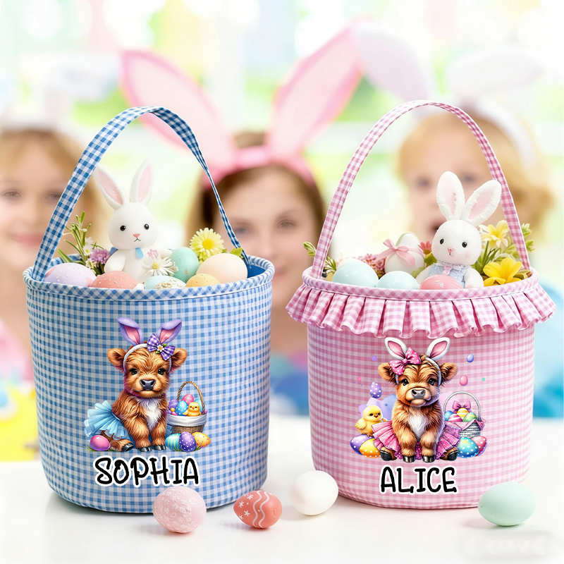 Personalized Cute Easter Highland Cow Plaid Easter Basket with Name Easter Eggs Hunting Easter Day Gift for Boys Girls