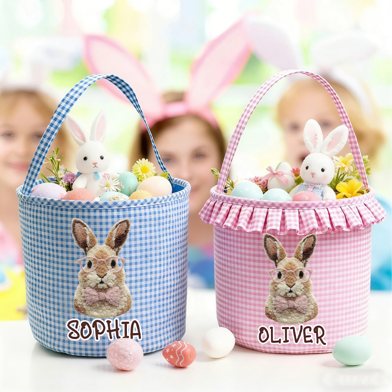 Personalized 3D Printing Cute Easter Bunny Plaid Easter Basket with Name Easter Eggs Hunting Easter Day Gift for Boys Girls