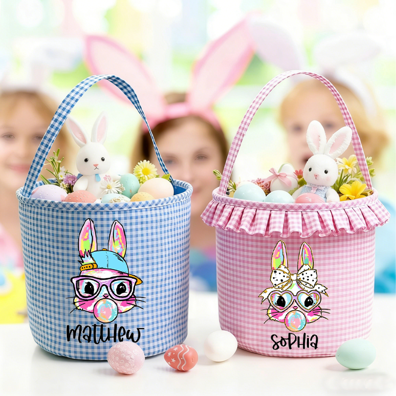 Personalized Cute Coquette Bow Easter Bunny Plaid Easter Basket with Name Easter Eggs Hunting Easter Day Gift for Boys Girls