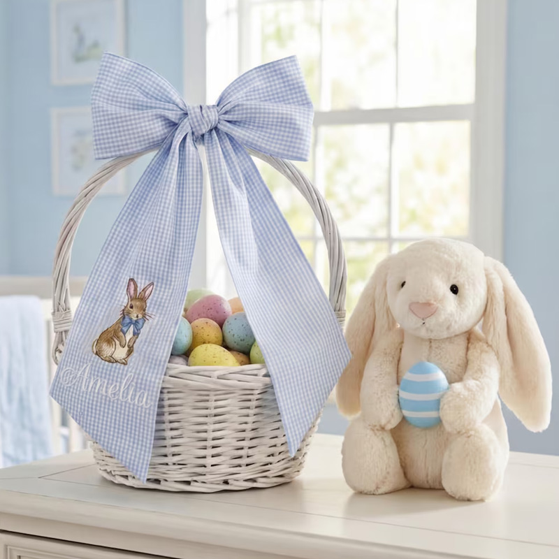 Personalized Cute Bunny Cotton Gingham Easter Basket Sash with Embroidered Name Basket Decor Easter Baptism Gift for Baby