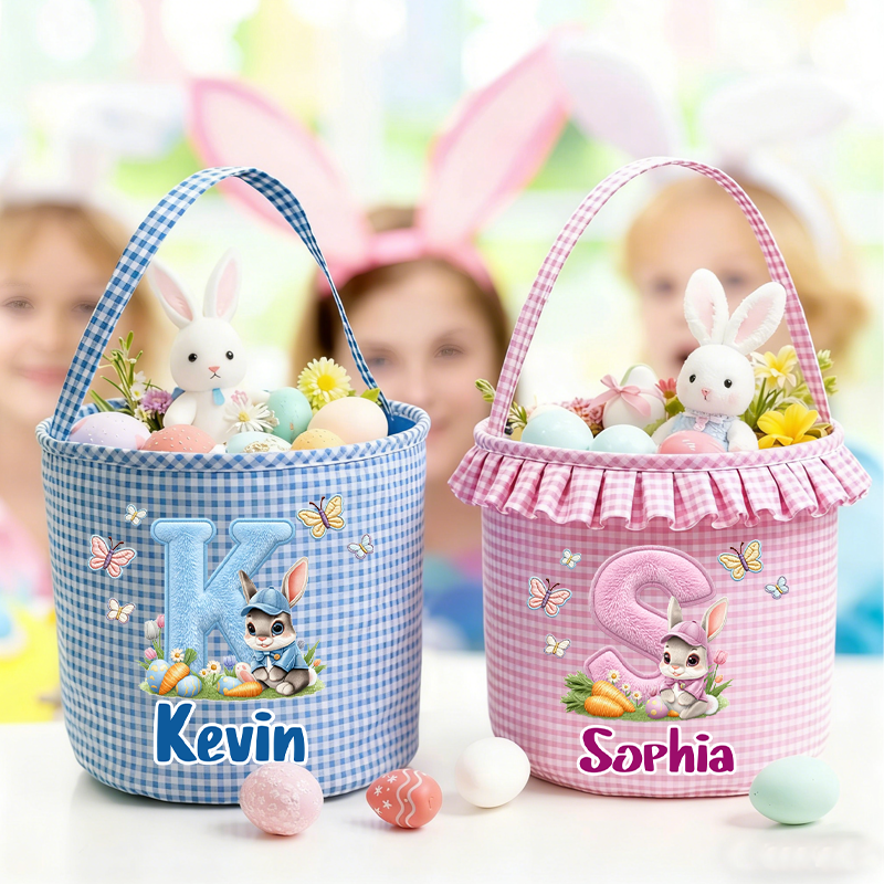 Personalized Butterfly Cute Rabbit Plaid Easter Basket with Name and Initial Easter Eggs Hunting Easter Day Gift for Boys Girls