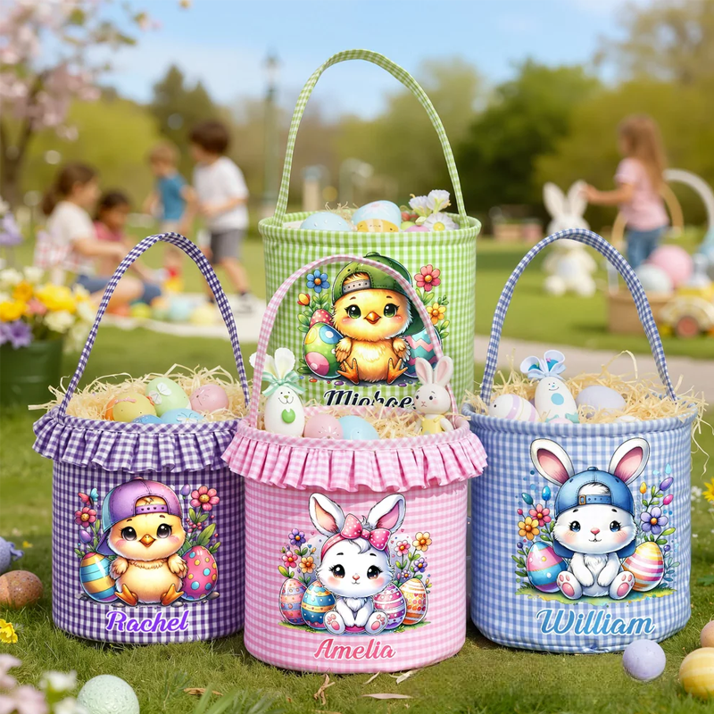 Personalized Cartoon Cute Bunny Chick Reusable Easter Plaid Basket with Name Easter Egg Hunt Easter Party Gift for Kids