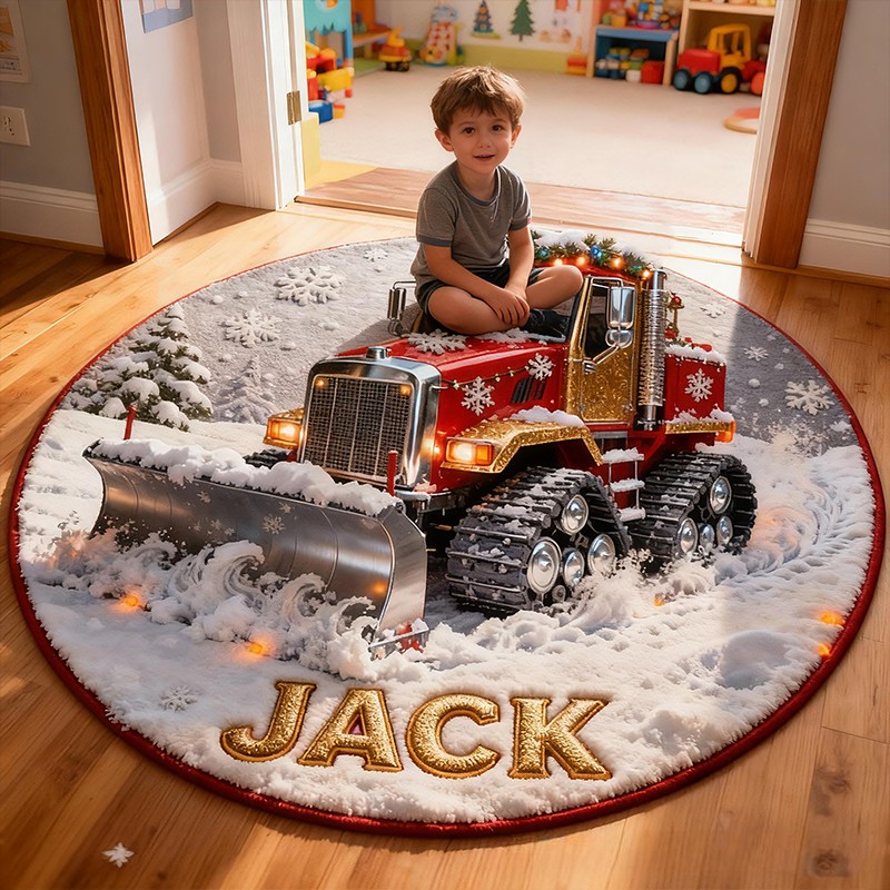 Personalized Christmas Truck Custom Name Snow Plow Festive Holiday Style Cozy Winter Home Carpet Red Vehicle Fun Joyful Gift Warm Welcome Entryway Rug for Kids