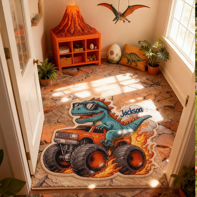 Personalized Dinosaur Monster Truck Custom Name Soft Decorative Gift Adventure Style Fun Playroom Cool Boys Room Fire Power Racing Carpet Rug for Kids