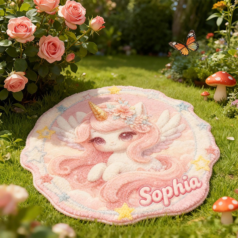 Personalized Pink Pegasus Custom Name Soft Decorative Gift Magical Princess Style Cozy Nursery Room Dream Star Fairy Tale Carpet Rug for Kids