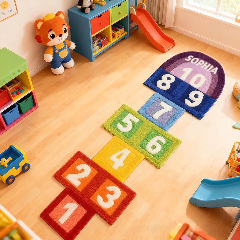 Personalized Rainbow Hopscotch Number Custom Name Soft Educational Playroom Soft Floor Decorative Gift Fun Learning Kids Activity Carpet Rug for Kids