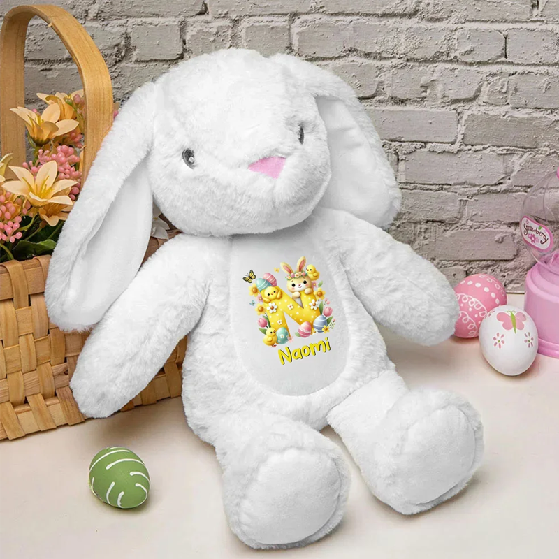 Personalized Easter Egg Cartoon Rabbit Flowers Plush Bunny Stuffed Toy with Initial and Name Easter Gift for Boys Girls