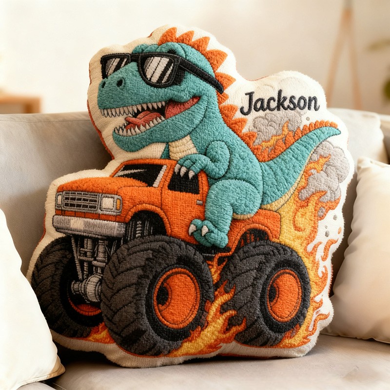 Personalized Cool Dinosaur Driving Monster Truck Custom Name Fun Boys Room Decoration Unique Adventure Style Plush  Graphic 3D Print Pillow