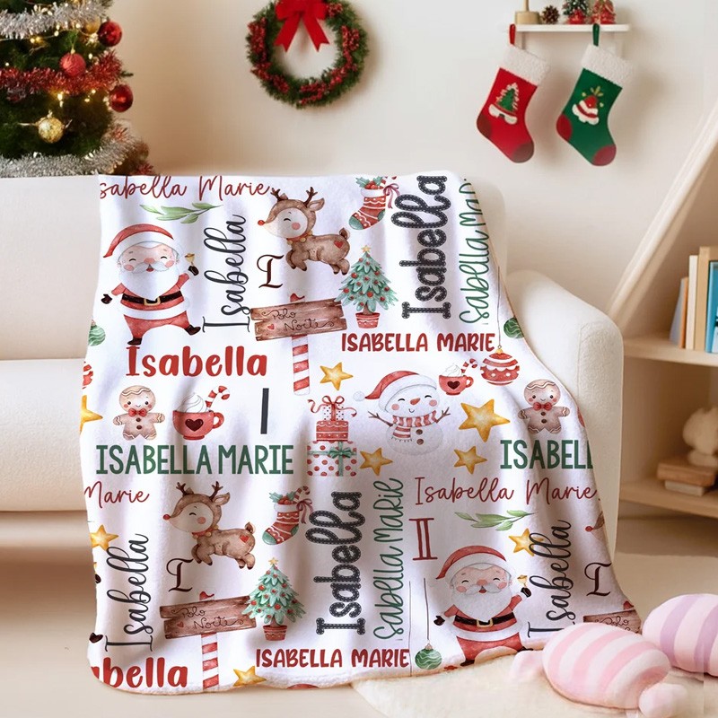 Personalized Cute Snowman Santa Claus Christmas Theme Soft Throw Blanket with Name Home Decor Christmas Gift for Kids Family