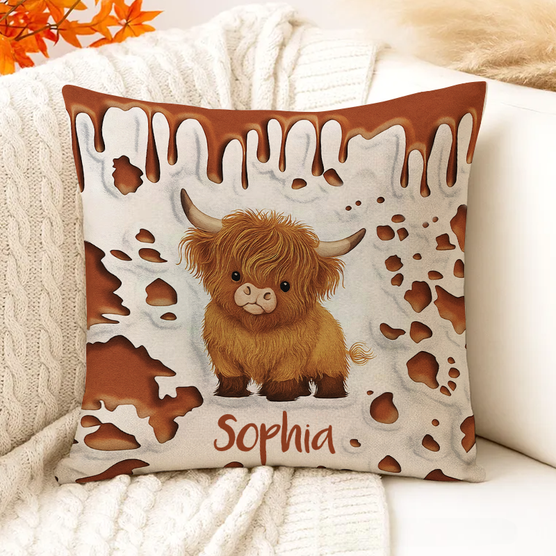 Personalized Highland Cow Pillow with Cute Cow Illustration and Custom Name for Animal Lovers and Cozy Decor Pillow